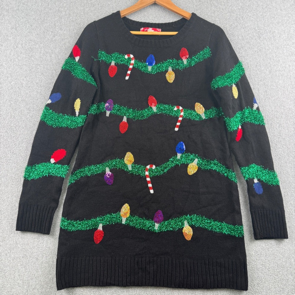 33 Degrees Sweater Womens Medium XS80221 Black Tinsel Sequin Christmas Lights